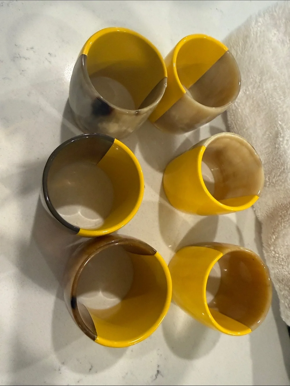 Crate & Barrel Yellow and Horn Resin Napkin Rings Set of 6